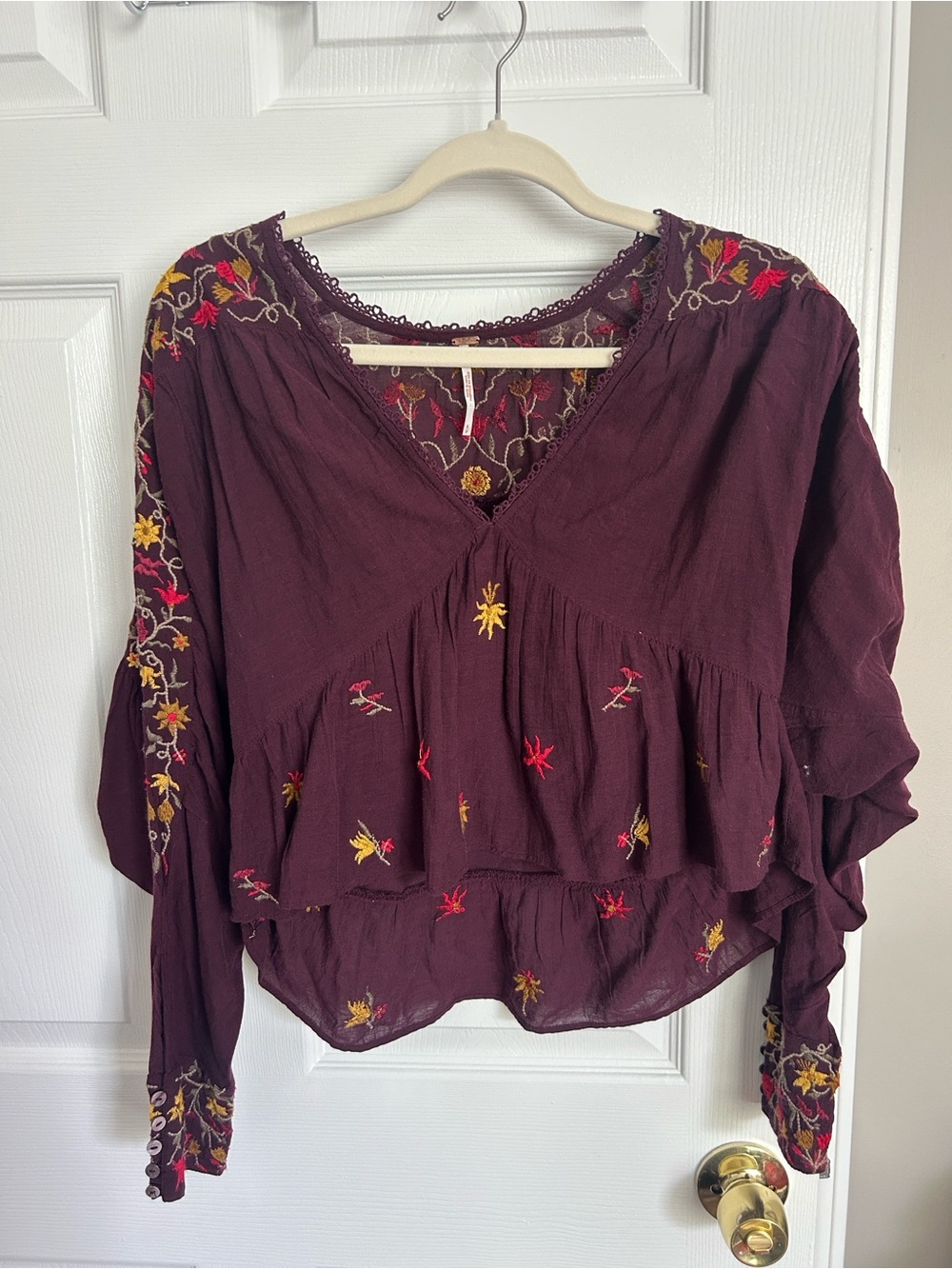 Free People Embroidered Sleeve Peasant Blouse
